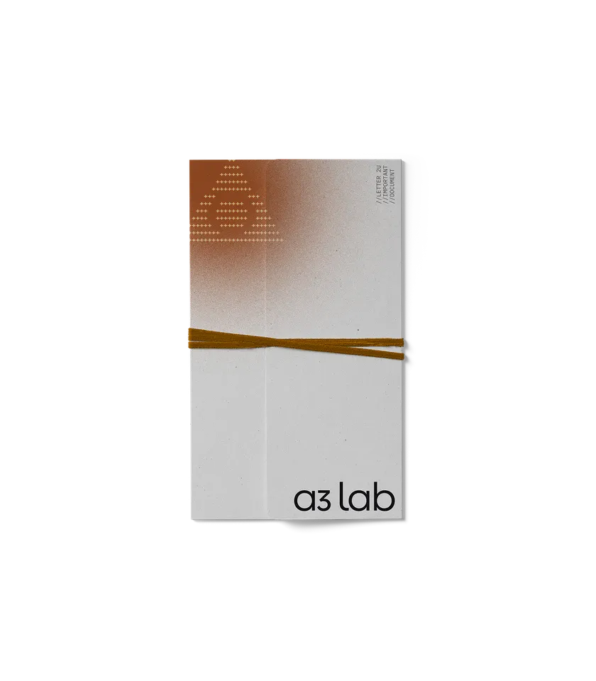 Grey envelope tied with rope, terracotta dither print, confidential documentation