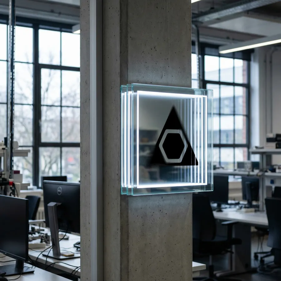 Layered glass sign with the A3Lab mark on a concrete column