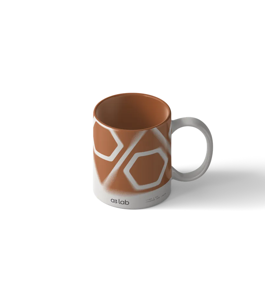 Ceramic mug with oversized spray-paint hex pattern